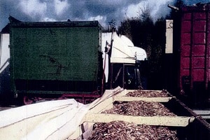 Workers stood on top of the trailers to level the woodchip